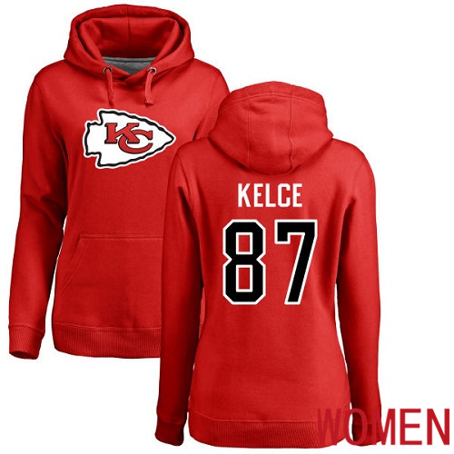Women Football Kansas City Chiefs 87 Kelce Travis Red Name and Number Logo Pullover Hoodie